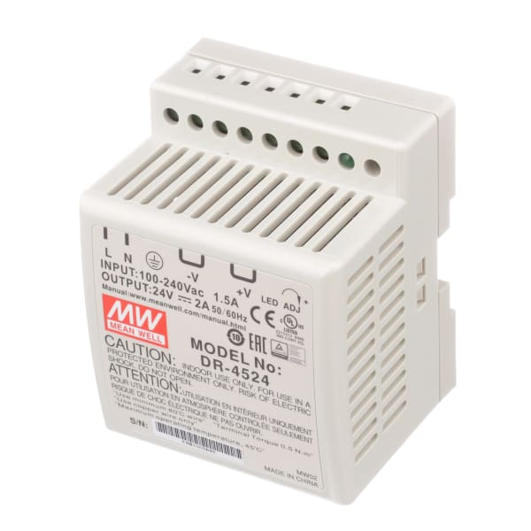 MEAN WELL - DR-4524 - Power Supply,AC-DC,24V,1.87A,85-264V In,Enclosed ...