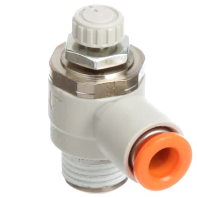 SMC AS2201F-N02-09S Air Flow Control Valve with Push-to-Connect Fitting PBT & Nickel Plated Brass Elbow With Sealant 1/4 NPT Male x 5/16 Tube OD 
