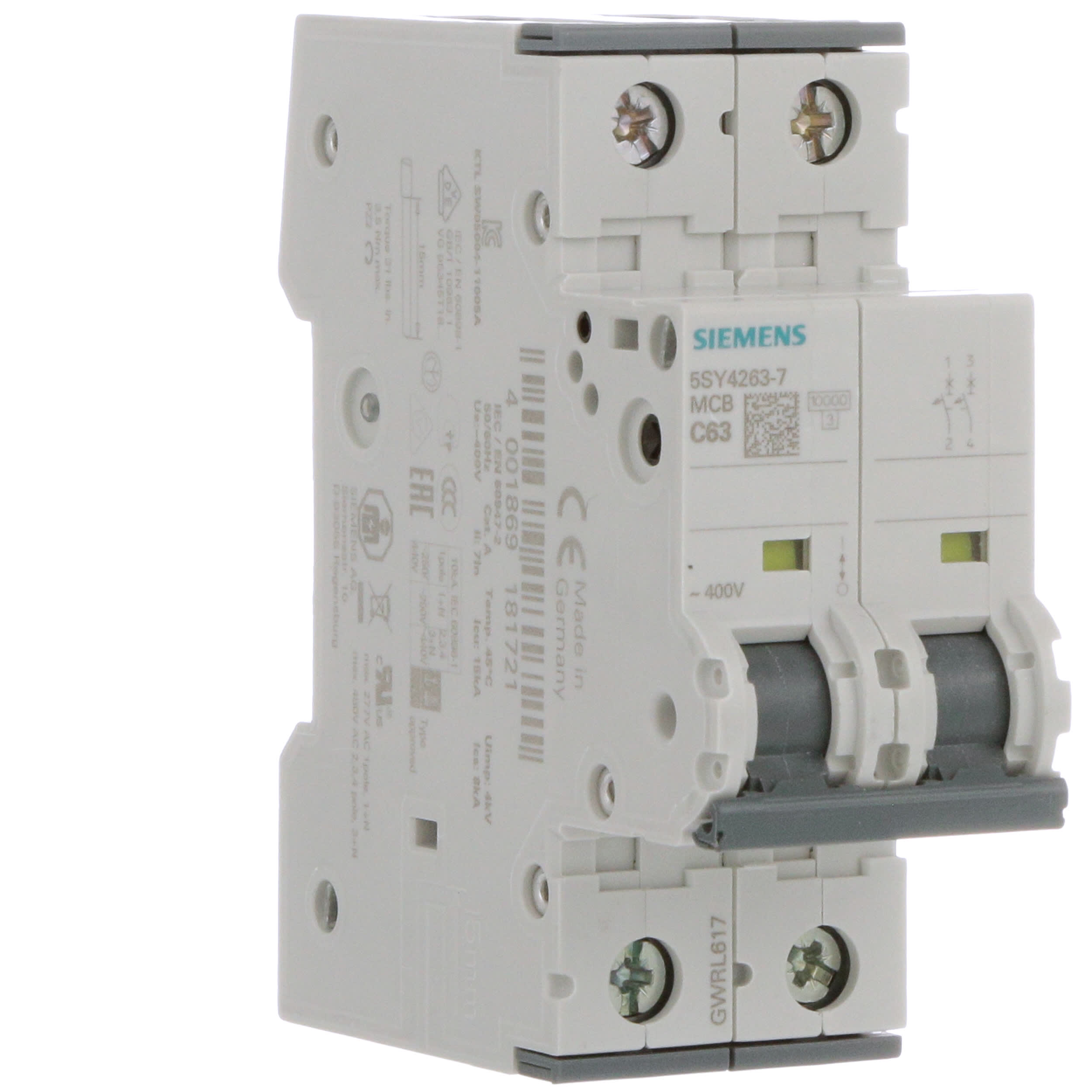 Siemens 5sy4263 7 Miniature Circuit Breaker 2 Poles 63a 400 Vac C Curve Sentron Series Allied Electronics Automation