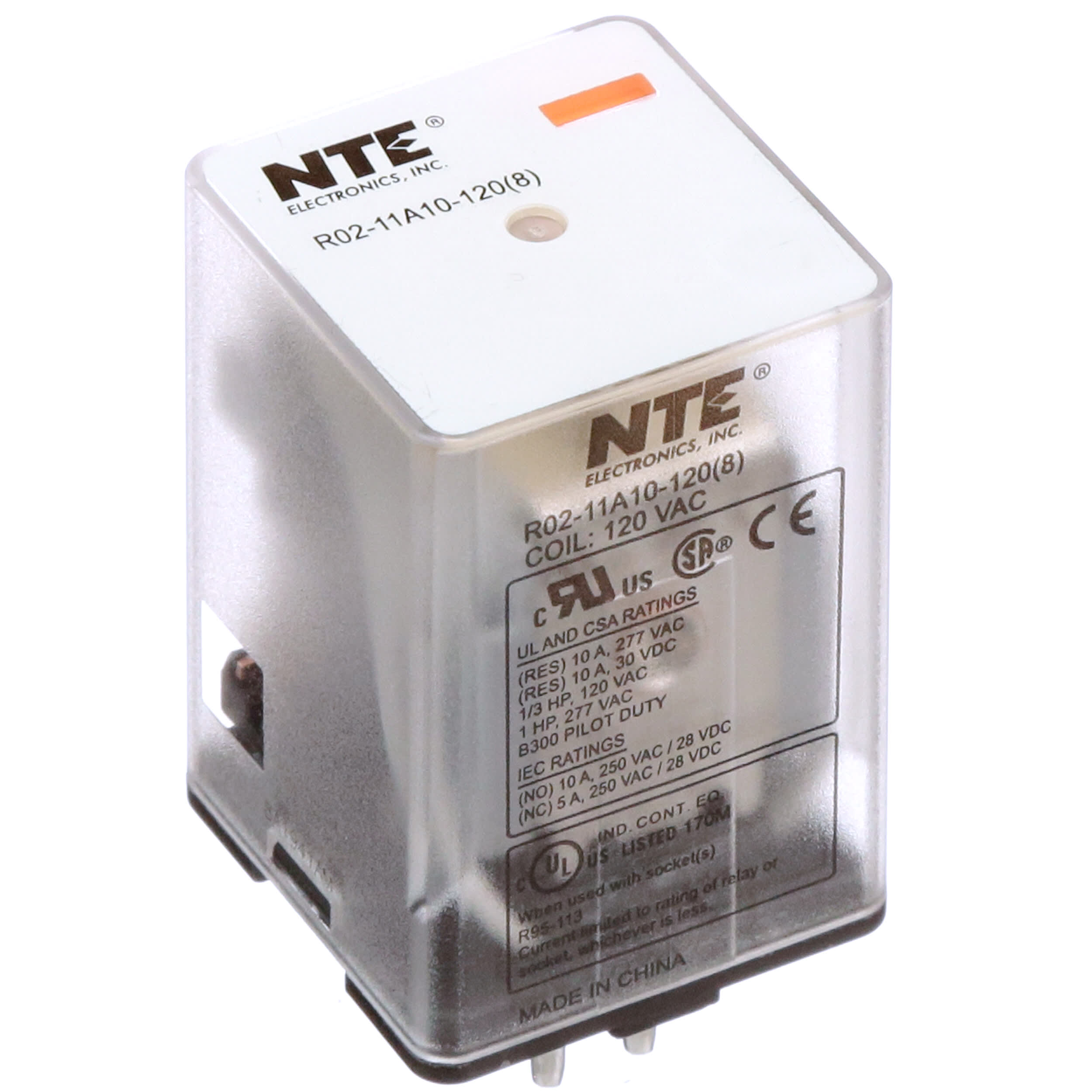 8 Pin Octal Plug NTE Electronics R02-11A10-120 R02 Series General Purpose Multicontact AC Relay DPDT Contact Arrangement 10 Amp 120 VAC 