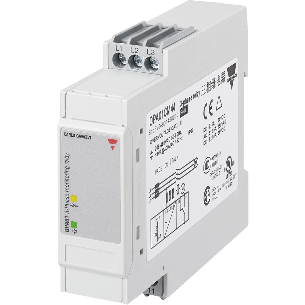 Diagnostic LEDs CARLO GAVAZZI DPA01CM44 3-Phase Loss/Sequence Monitor Size 4.5 oz 208-480 VAC Monitoring 22.5 mm Width 27 mm Height x 105 mm Width x 105 mm Diameter SPDT 8 amp Contact Output 