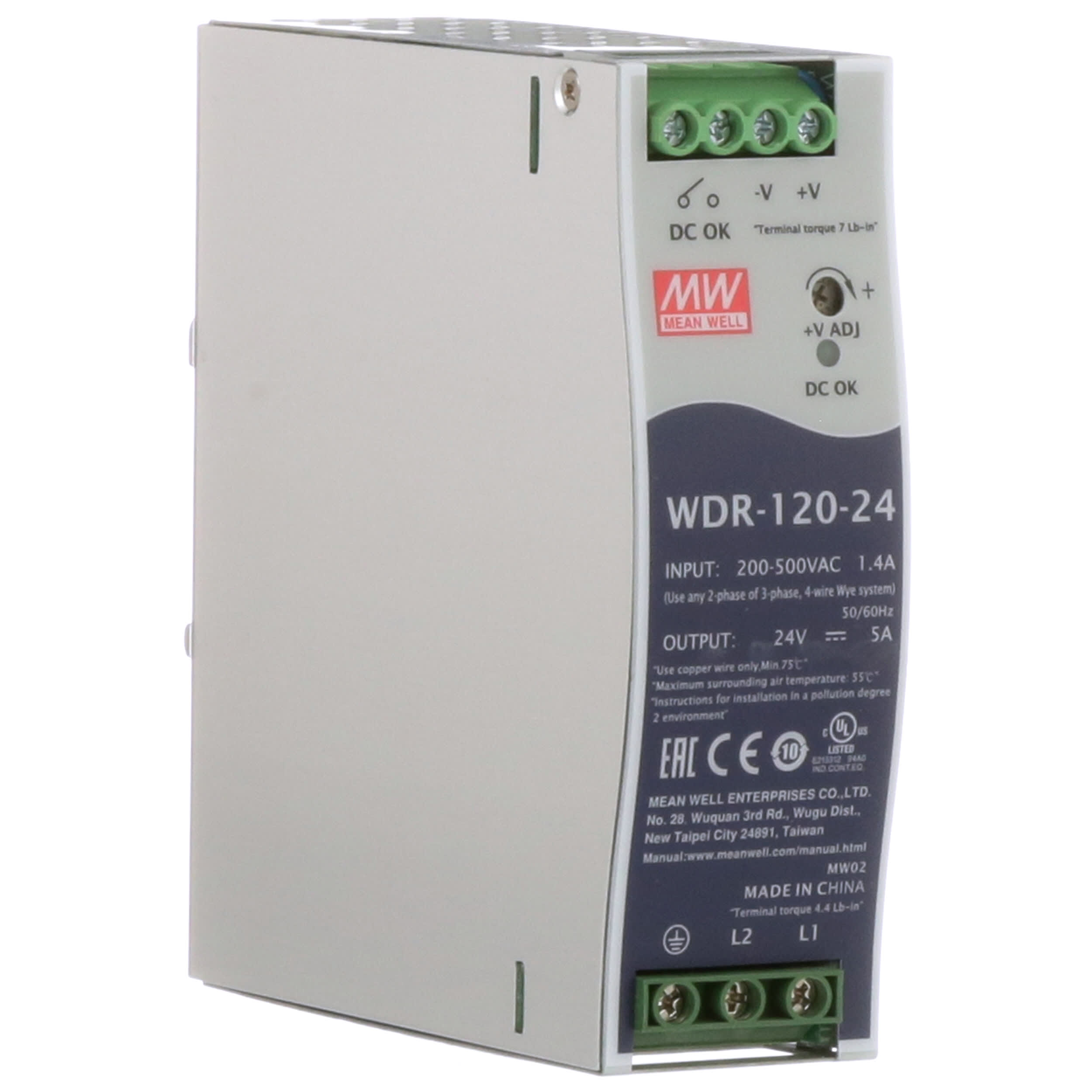 Mean Well WDR-120-24 AC/DC Power Supply Input 200-500v Output 24Vdc 5A 120W 