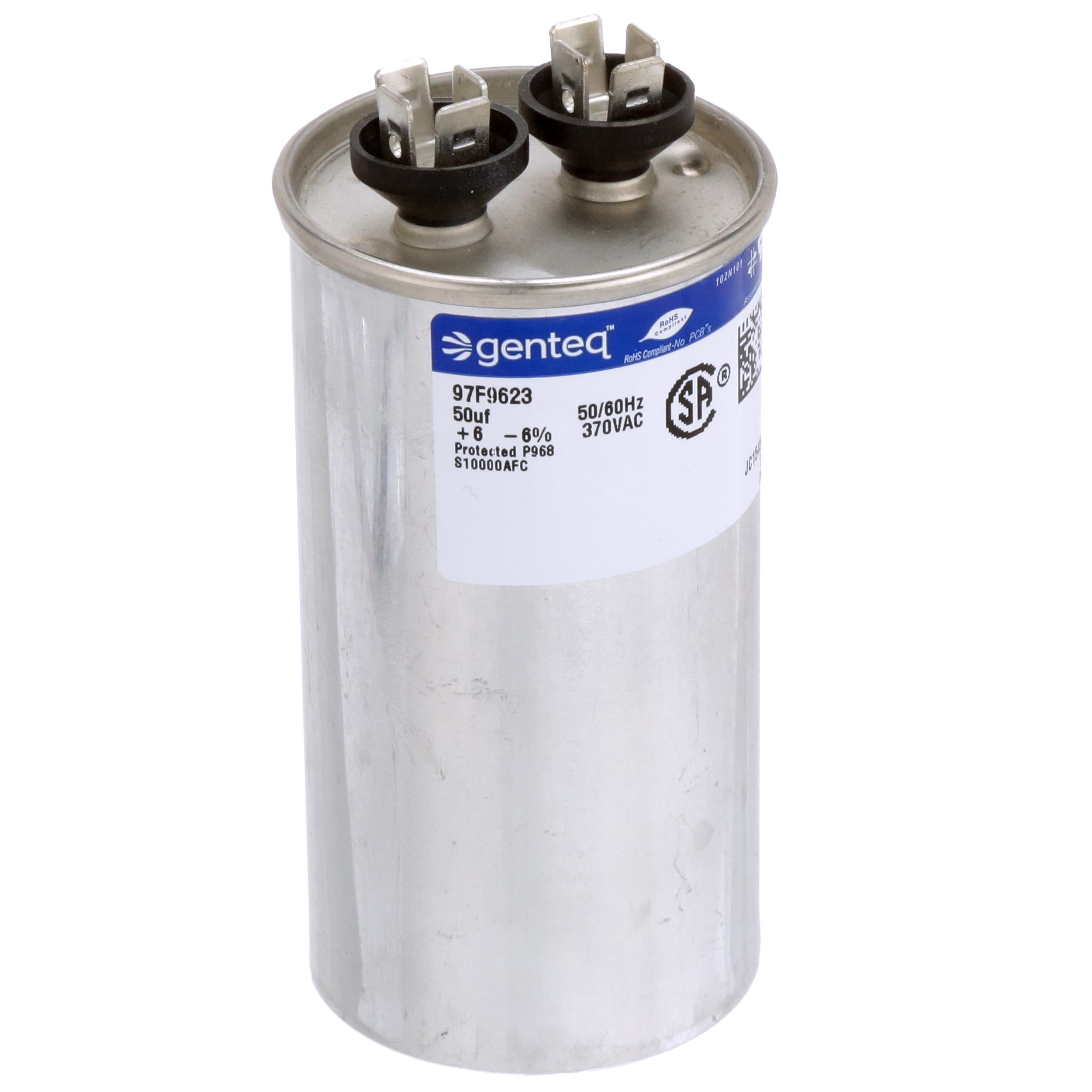 genteq 97f9623 capacitor polypro metallized cap 50 uf tol 6 vol rtg 370 vac qc motor run allied electronics automation 97f9623