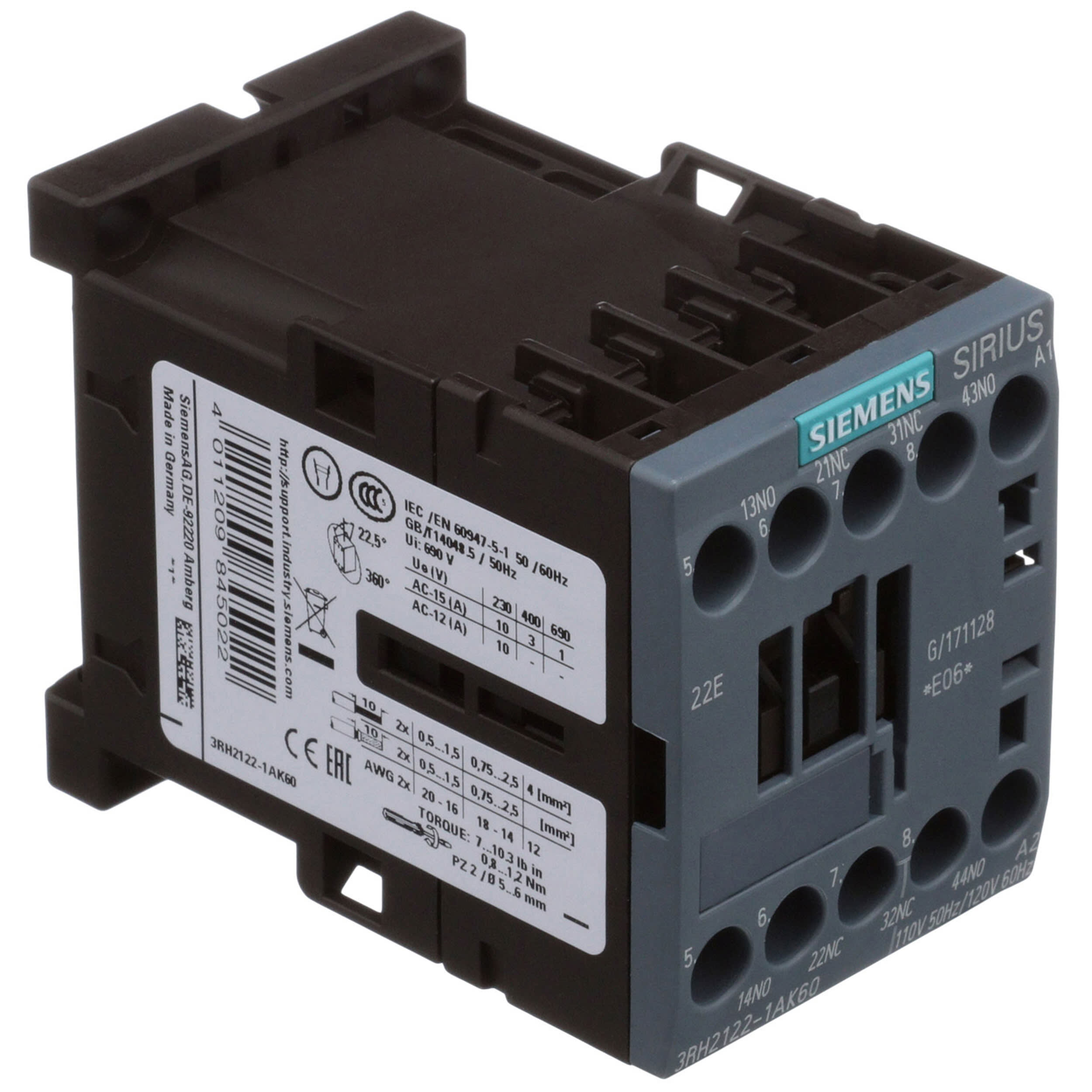 Siemens 3rt1026-1ak60 IEC Contactor Sirius NEMA 1 120vac for sale online 