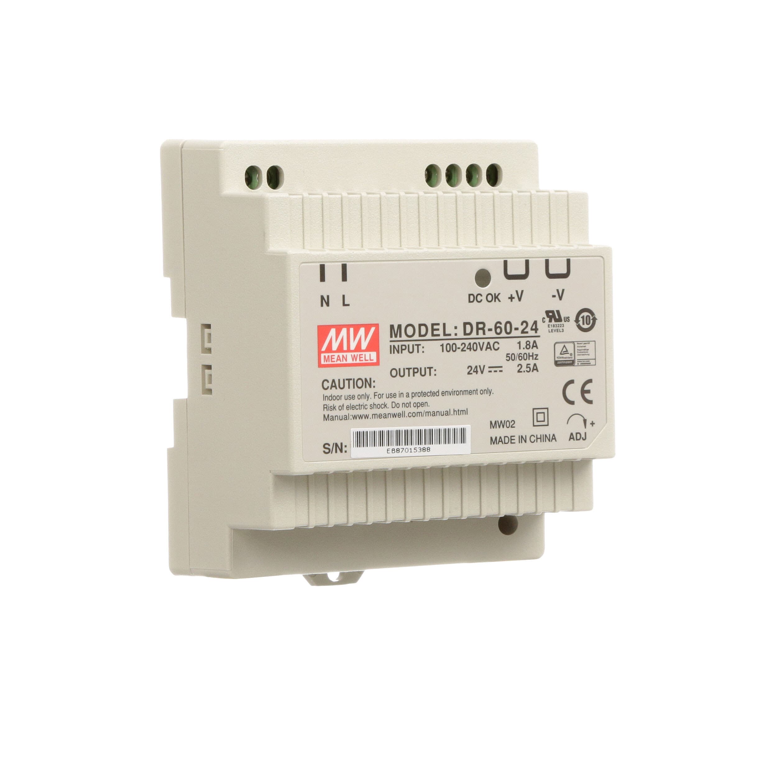 MEAN WELL - DR-60-24 - Power Supply,AC-DC,24V,2.5A,88-264VIn,Enclosed,DIN  Rail,Industrial,60W,DR Series - Allied Electronics & Automation, part of RS  Group