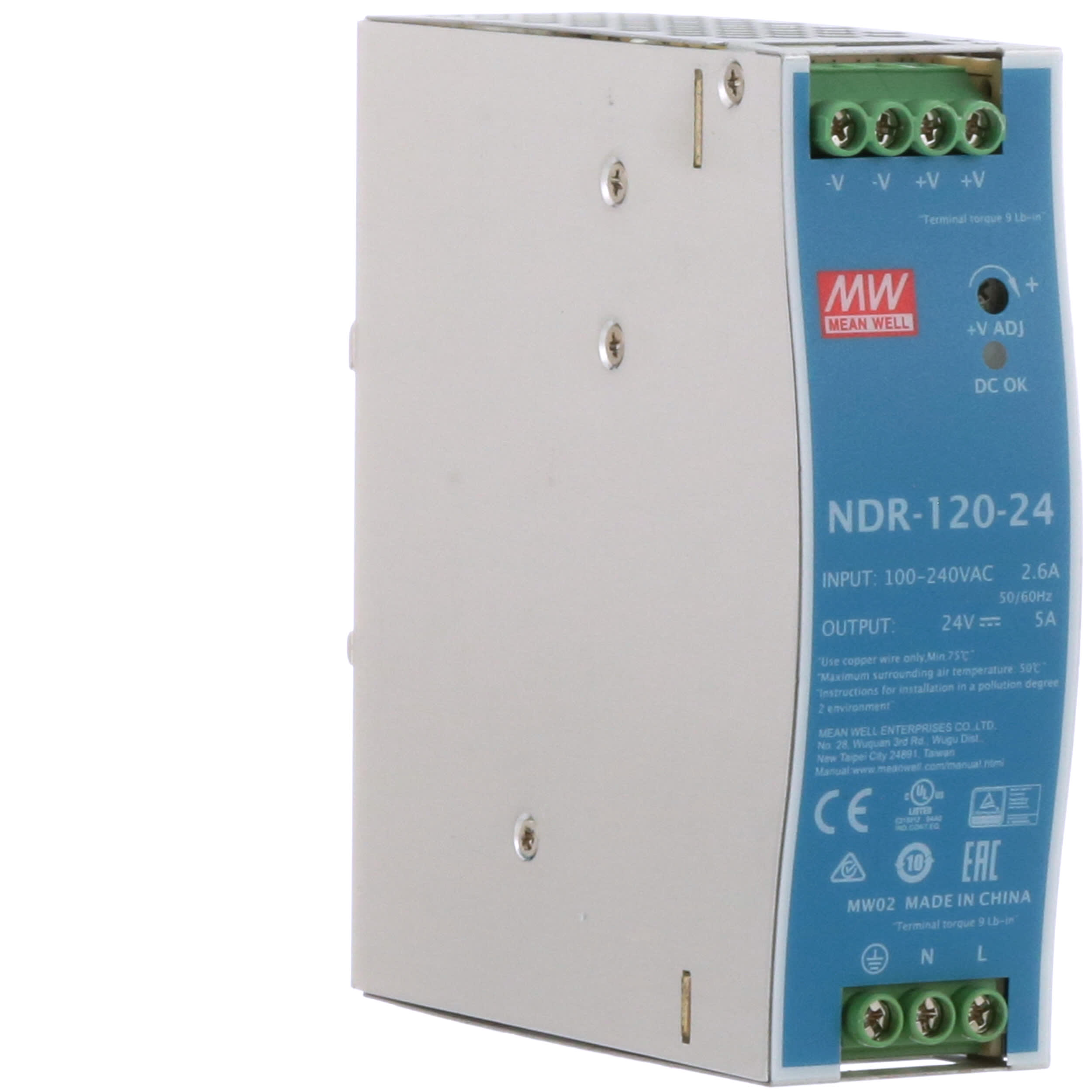 Mean Well ndr-120/  120/ W, 115/ /–/ 230, 47/ /–/ 63, 16/ ms, 85.5/%, Over Voltage, overheating, Overload, Short Circuit / 12/ 120/ W Metallic Power Supply Unit/  / Power Supply Units