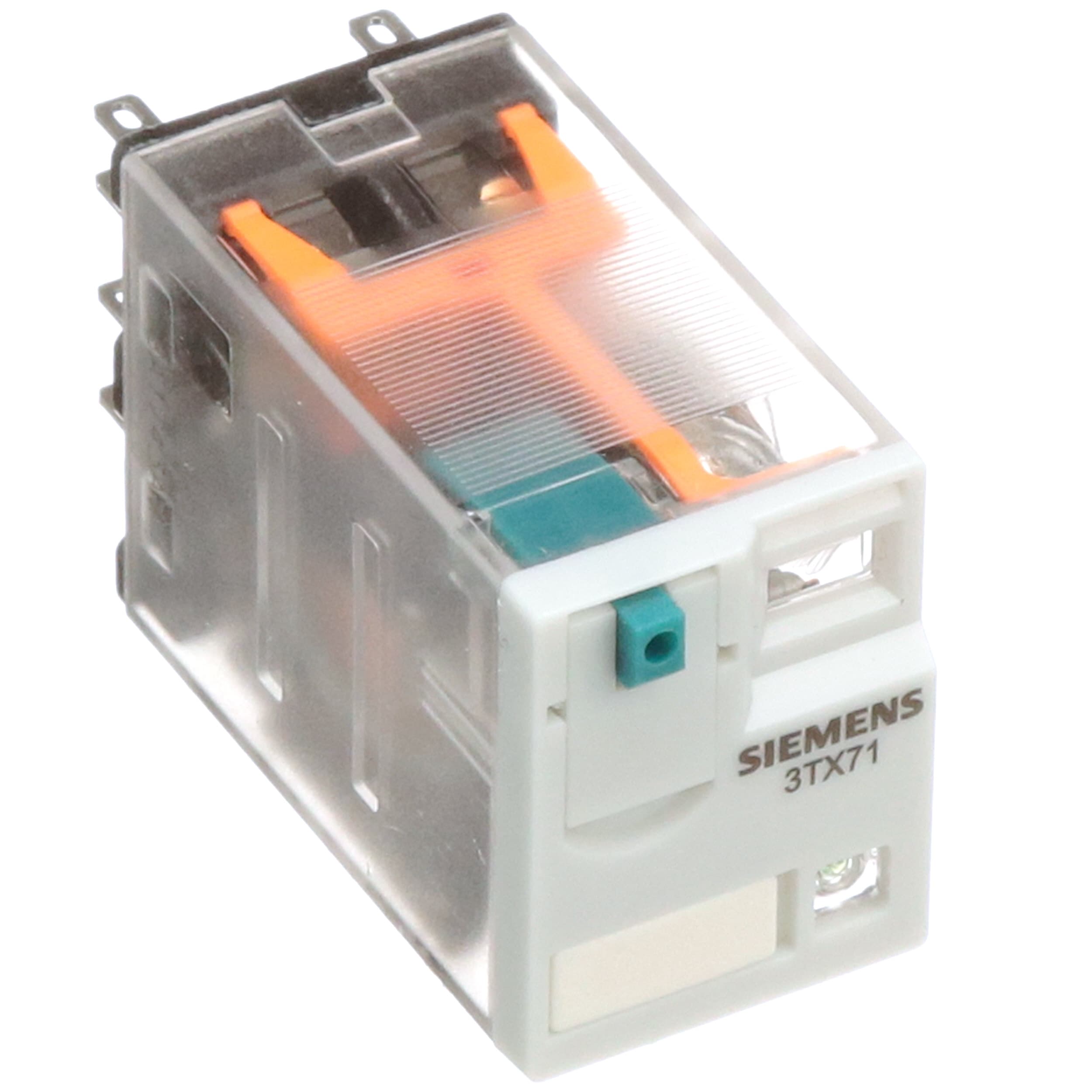 Siemens 3TX7111-3LC03 Premium Plug In Relay LED Square Base 24VDC Coil Voltage Lock Down Door Narrow Mechanical Flag 10A Contact Rating DPDT Contacts Push To Test