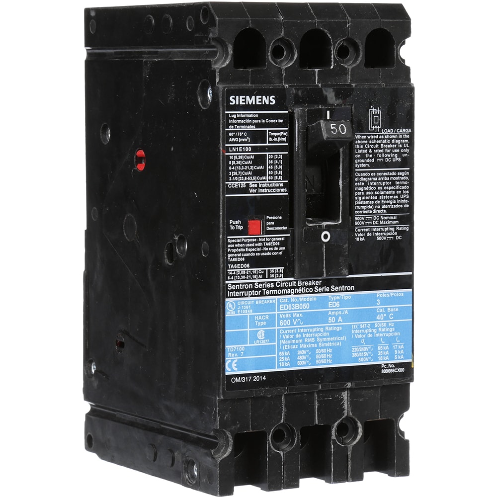 Disjoncteur Siemens CED63B050 3P 50A 600V - Neuf (sans Boîte) - Pour Panneau électrique