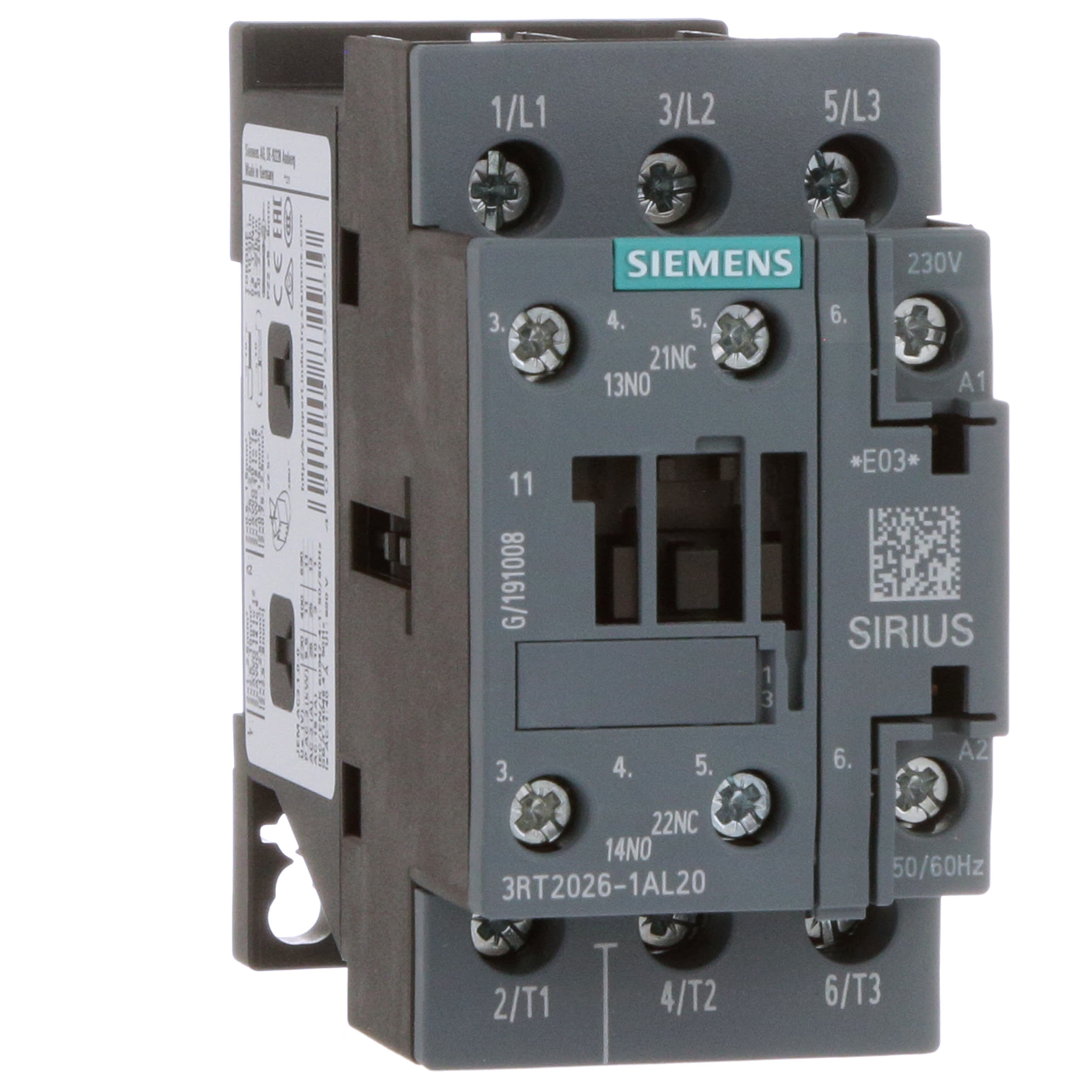 Siemens 3RT15 26-1AC20 Special Application Contactor AC Operation 50/60 Hz Rated Control Supply Voltage 3RT15261AC20 24 V S0 Size Screw Connection 20HP Maximum HP Rating at 460VAC 