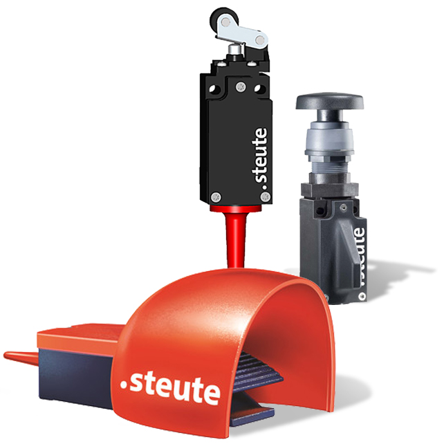 steute wireless switches collage with foot pedal, position sensor, and pushbutton